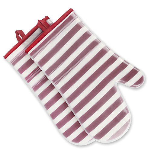 ANSMORE Oven Mitts, Heat Resistant to 572℉ and Waterproof, with Transparent Clear Silicone Shell and Nice Stripe Printing Cotton Lining-Set of 2(Red)