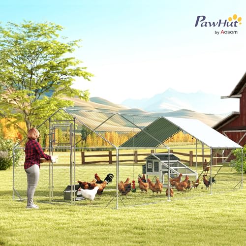 PawHut Chicken Run, Large Metal Chicken Coop with Feeding Door, Waterproof & UV-Resistant Cover, Hanging Feeder, Perch, Poultry Cage for Outdoor, Backyard, Farm, for 18-24 Poultry