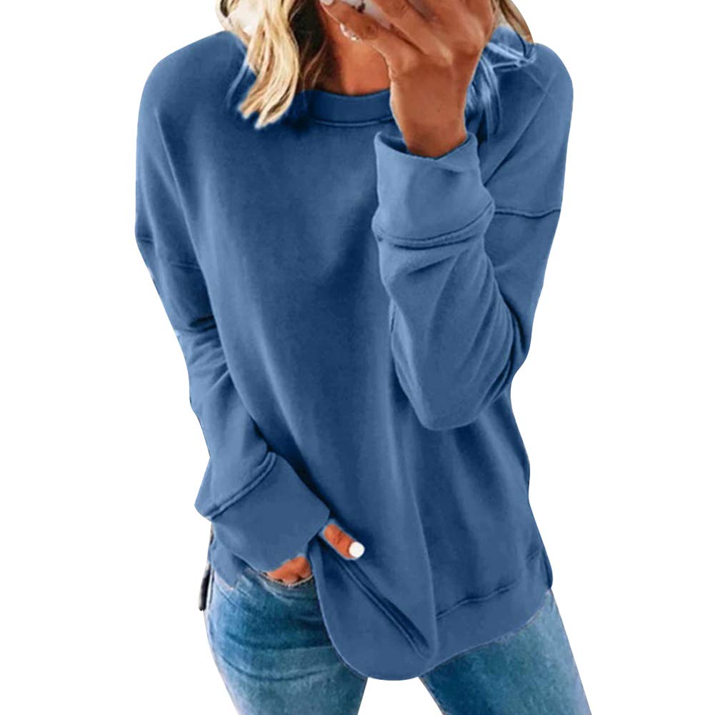 Sweatshirt for Women, Solid Casual Sweatshirt Crewneck Loose Fit Long Sleeve Pullover Tops Blue 