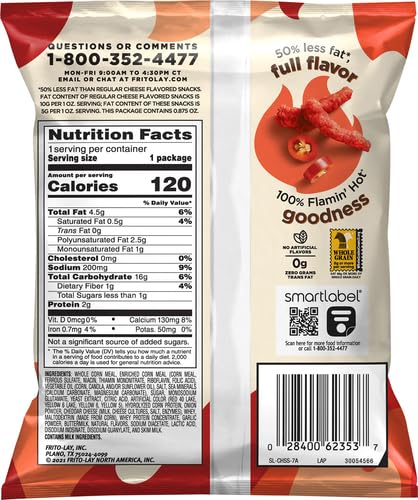 LAY’S BAKED CHEETOS OVEN BAKED CRUNCHY WHOLE GRAIN FLAMIN’ HOT CHEESE FLAVORED SNACKS, 0.875 OUNCE (PACK OF 104)