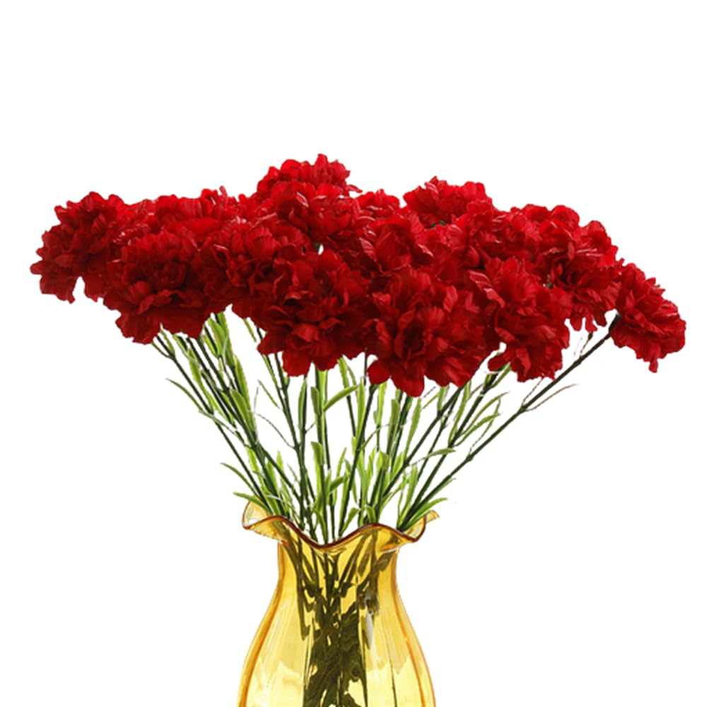 10 Bunches Bouquet of Artificial Silk Flower Carnations,Single Flower Head 20 Inch Bouquet and Green Leaf for Photo Props Home Party,Home Decoration Bridal Wedding Holding Flowers(Red)