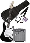 Squier by Fender Affinity Stratocaster Beginner Electric Guitar Pack with Fender FM 10G Amplifier, Clip-On Tuner, Cable, Strap, Picks, and gig bag  - Black