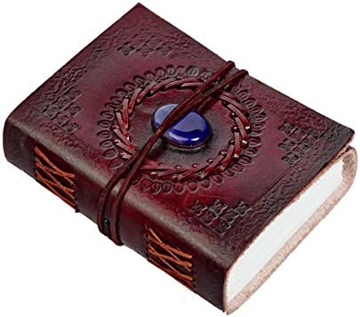 Handmade Embossed Leather Diary Journal with Semi Precious Stone, Dark Camel, Perfect Christmas Gifts/Thanksgiving Gifts