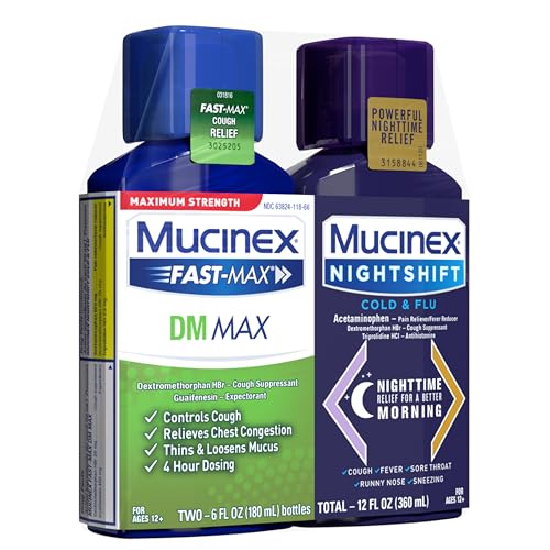 MAXIMUM STRENGTH MUCINEX FASTMAX DM MAX & MUCINEX NIGHTSHIFT COLD & FLU LIQUID (2 X 6 FL. OZ.) THINS & LOOSENS MUCUS, RELIEVES COUGH & CHEST CONGESTION, PAIN, FEVER, SNEEZING, SORE THROAT, RUNNY NOSE
