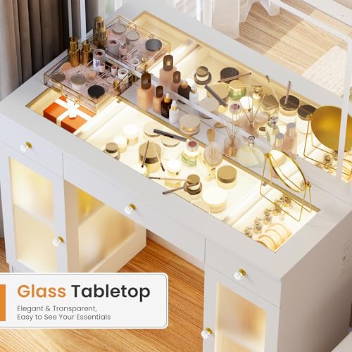 Pamapic Makeup Vanity Desk with Mirror and Lights, LED Light Strip Vanity with Glass Top, Crystal Knobs and Translucent Cabinet Doors, 3 Lighting Modes White Vanity with 3 Drawers