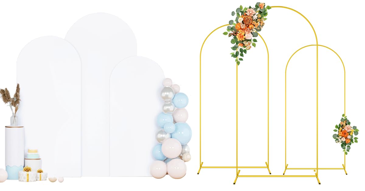 Photo 1 of ***I DON'T KNOW IF THERE ARE MISSING PIECES**** PATYDEST Metal Arch Backdrop Stand Set of 3 With Cover 6FT, 5FT, 4FT Gold Metal Balloon Arch Stand White Spandex Arch Backdrop Cover Wedding Arched Frame for Graduation Birthday Reception Garden Decor