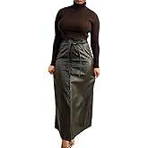 Lzyagnd Faux Leather Midi Skirts for Women Stretch High Waist PU Wrap Bodycon Long Skirt with Tie Belt