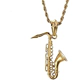 PAMTIERMen's Stainless Steel Saxophone Musical Instruments Pendant Silver Punk Necklace