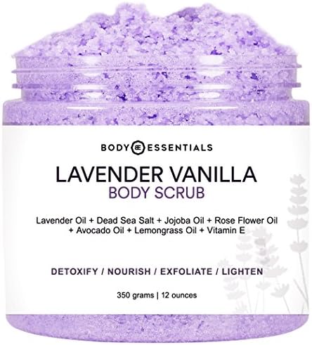 Body Essentials Natural Lavender Vanilla Body Scrub with Dead Sea Salt, 6 Essential Oils and 3 Vitamins