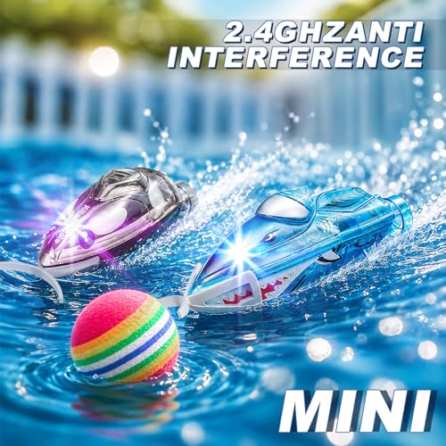 Set of 2 RC Mini RC Boat with Flashing Lights, Game with Foam Ball, 360° Rotation & 2 Speeds, Inflatable Pool Included, Water Toy Gift Boy Girl