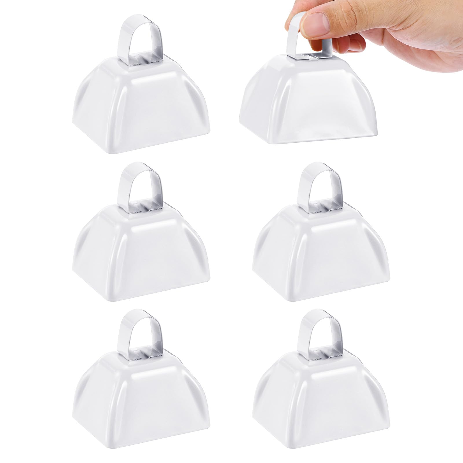 PATIKIL 6pcs Cow Bells for Football Games, 3inch Cowbells for Sporting Events Bulk Loud Noise Makers Metal Cow Bell with Handle for Cheering Wedding,White