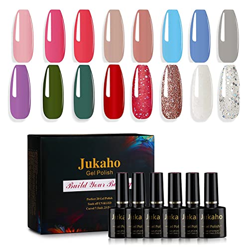 Jukaho Gel Nail Polish,20 PCS Nail Polish Set Rose Red Nude Blue Grey Shiny Red White Gel Nail with Glossy & Matte Gel Top Coat Base Coat Soak off UV LED Gel Polish Christmas Mother\'s Day Gifts for Women