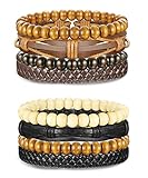 LOYALLOOK 8pcs Mixed Wrap Leather Wristbands Bracelets and Wood Beads Bracelet Set for Men Women 7-8.5inches Adjustable Black/Brown