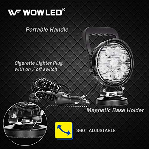 WF Magnet Light Bar, Magnetic Base, Cigarette Lighter Powered, Portable LED Flood Light Work Lamp for Car Off-road SUV Trailer Tractor Truck Engineering Maintenance Garage Camping (27W Round)