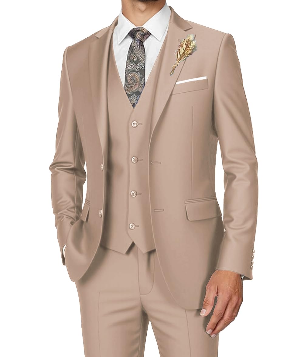 Photo 1 of Suits for Men Slim Fit 3 Piece Set Mens Champagne Suit Classic Wedding Tuxedo Business Dress Homecoming Prom Suits for Teenager, Size M