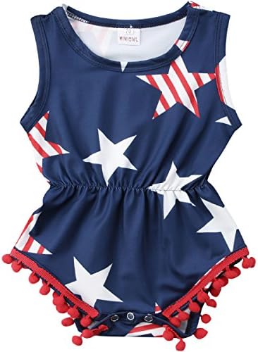 4th of July Toddler Baby Girl American Flag Tassel Pompom Romper (Dark Blue, 0-6 Months)