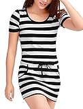Allegra K Women Short Sleeve Stripe Drawstring Mini Tee Dresses with Pockets