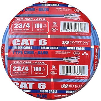 Cat6 Bulk Cable Raw 100ft Pure Copper, Outdoor / Indoor Heat Resistant, Solid, 550Mhz, 23AWG, Riser Rated CMR, Blue By Syston Cable