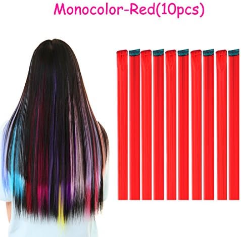 Urqueen 10 PCS Colored Clip in Hair Extensions 22 Inches Multi-Color Straight Fashion Hairpieces for Party Highlights (Red)