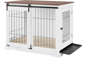 beeNbkks Dog Crate Furniture with Sliding Barn Door, Stylish Double Doors Wooden Kennel with Tray and Cushion, Decorative Indoor Pet House Side End Table for Medium Large Dogs