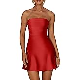 XXTAXN Women's Sexy Tube Strapless Ruched A Line Wedding Guest Cocktail Satin Mini Dress