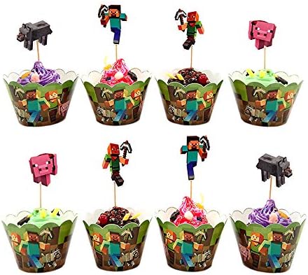 Wenhsin 24 Packs Minecraft Children's Birthday Parties for Dessert Cake Decoration Minecraft Cupcake Toppers for Birthday Party Event Decor