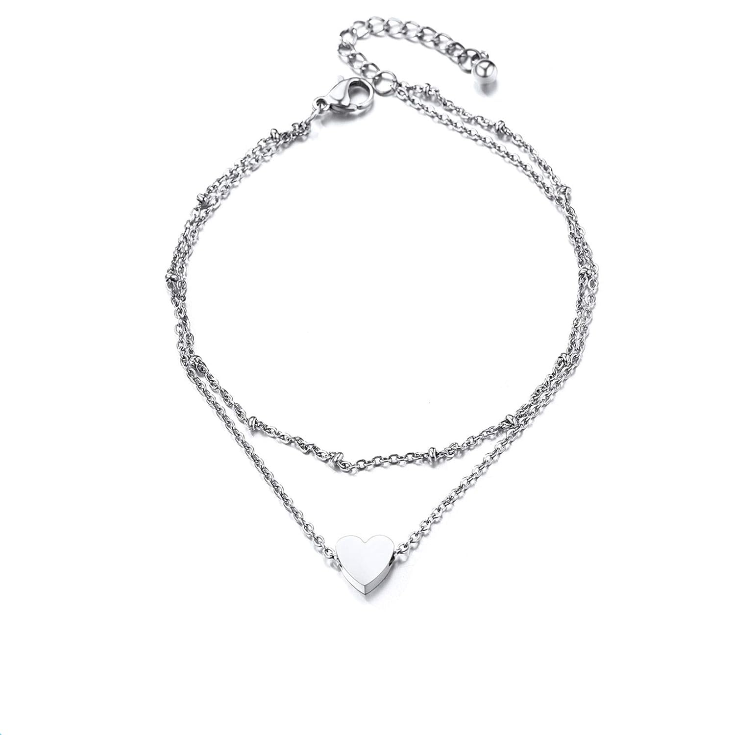 Chaioe Boho Double Anklet Silver Heart Ankle Bracelets Beaded Foot Chains for Women and Girls (Silver)