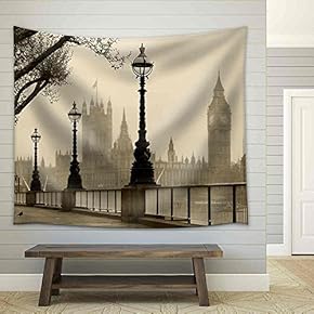 Big Ben Houses of Parliament, London in Fog - Fabric Wall Tapestry Home Decor - 51x60 inches