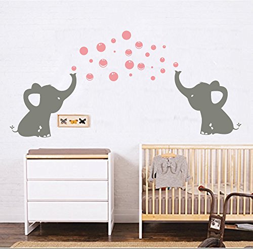 LUCKKYY Elephant Family Wall Decal Removable Vinyl Wall Art Elephant Bubbles Wall stickers Baby Nursery Wall Decor (Grey+pink)