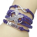 JQUEEN Butterfly Love Infinity Leather Rope Vintage Silver Plated Wrap Charm Link Bracelet Bangle