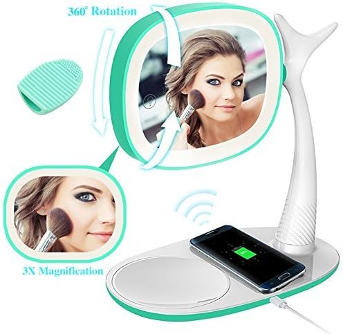 Rechargeable Lighted Makeup Mirror with Touch Screen 54 LED Lights, 3X Magnifying Makeup Mirror and 360 Degrees Rotates, QI Wireless Charging Function for iPhone 8/8 Plus/X, Samsung Note 8/S8/S8 Plus