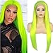 BLUPLE Silky Straight Lace Front Wigs Platinum Gray Trendy Heat Resistant Synthetic Hair Half Hand Tied Wigs for Cosplay Daily Wear (22 inches, Straight,Bright Yellow Green)