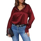 Damipow Satin Silk Button Down Shirts for Women Dress Shirts Long Sleeve Blouses Womens Shirts