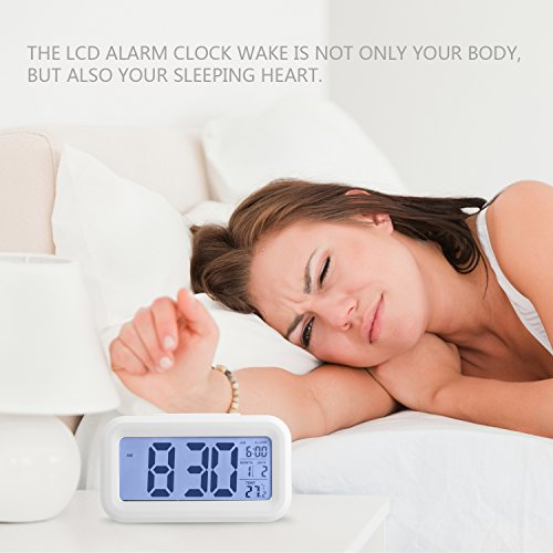 Alarm Clock Digital LCD Large Display Battery Operated Portable Modern Smart Snooze Silent Backlight Senor Date Time Temperature Clock for Heavy Sleepers Bedroom Kitchen Office Travel (white)