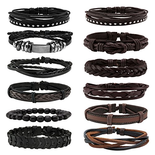 Eigso 12Pcs Braided Leather Bracelets Set for Men Women Hemp Cords Wooden Beads Adjustable Wrap Bracelets