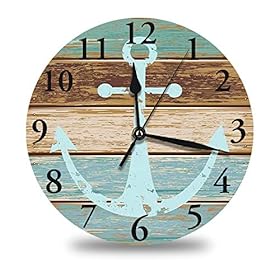 Anchor-ClockTimeworn-Marine-on-Weathered-Wooden-Planks-Rustic-Nautical-Theme-Round-Wall-ClockBattery-OperatedLarge-Clock12-Inch-Analog-Quiet-Desk-Clock-for-KitchenHomeOfficeSchool