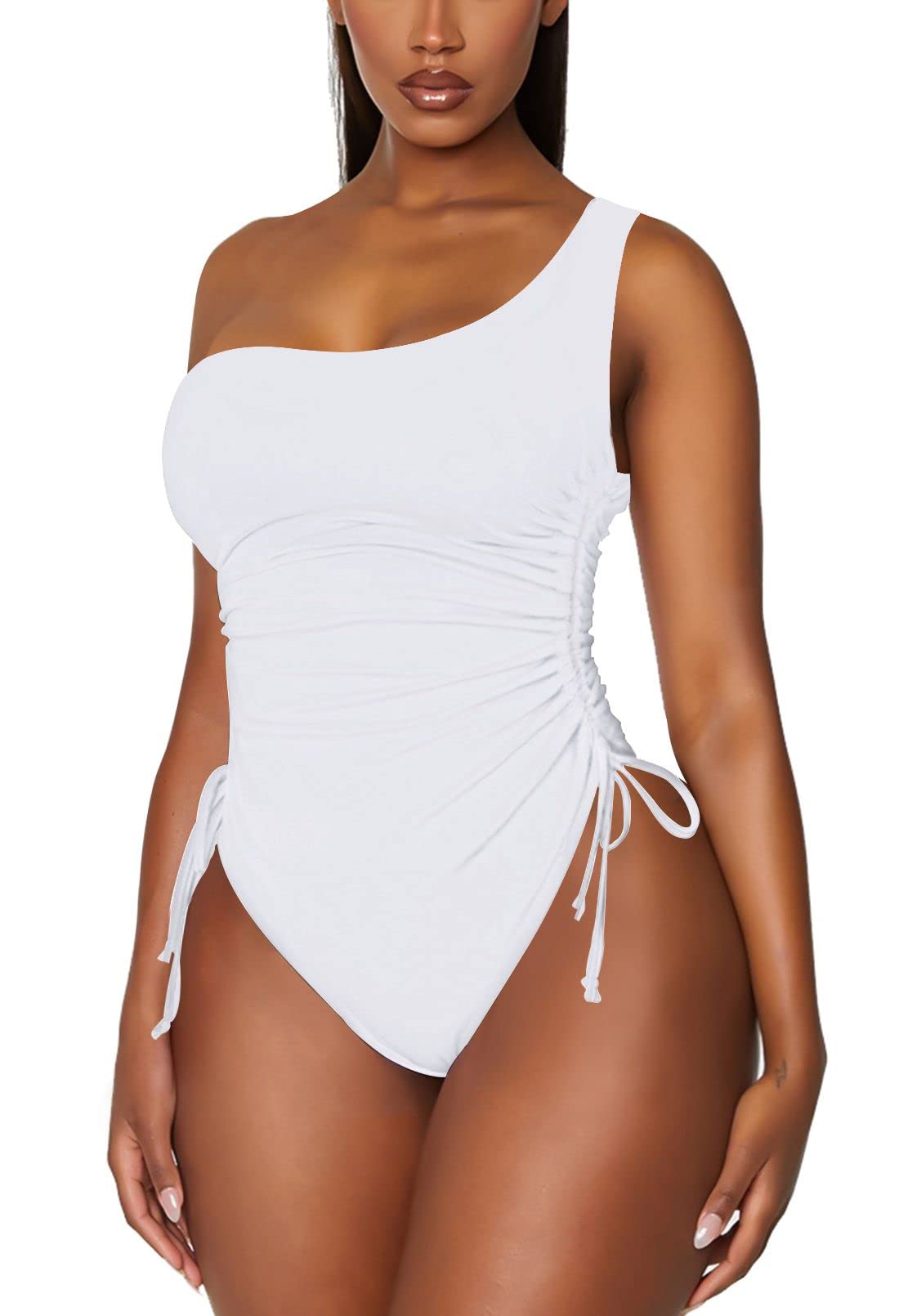 Photo 1 of Viottiset Women's One Shoulder Ruched One Piece Swimsuit Tummy Control High Cut Cheeky Bathing Suit White Large