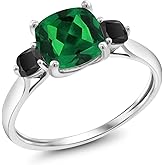 Gem Stone King 10K White Gold Green Nano Emerald and Black Onyx 3 Stone Engagement Ring For Women (0.91 Cttw, Cushion 7MM, Gemstone May Birthstone)