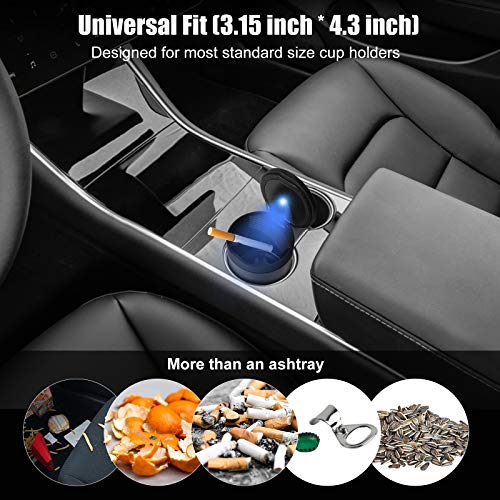 Car Ashtray, Smokeless Vehicle Ashtray Ash Stainless Auto Car Ashtray with Lid & Blue LED Light
