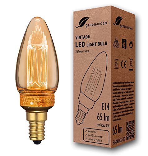 greenandco Decorative LED Vintage Light Bulb | E14 C35 | Amber | 2W 65lm | 1800K Extra Warm White | 320° | 230V | Flicker Free | Not Dimmable
