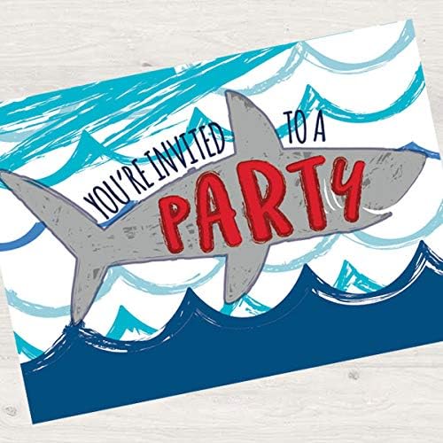 Birthday Direct Shark Splash Fill in Invitations 16 Count with Envelopes - 16 Pack Ocean, Shark Attack Party Invites for Boys Birthday, Sleepover
