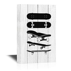 Skateboard Canvas Wall Art - Black Skateboards on Wood Style Background - Gallery Wrap Modern Home Art | Ready to Hang - 12x18 inches