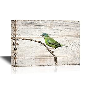 Birds and Poultry Canvas Wall Art - Green Bird Standing on Tree Branch - Vintage Wood Style Giclee Print Gallery Wrap Modern Home Art | Ready to Hang - 12x18 inches