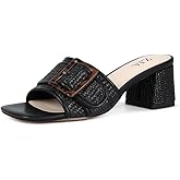 ZJA Raffia Sandals for Women Block Heels Square Open Toe Heeled Dress Chunky Mules Slip on Shoes