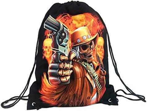 Drawstring Bag Backpack Sack 100% Cotton Canvas Reversible Unique Graphic Print 20" x 15" (Western Skull)