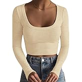 Artfish Women's Square Neck Long Sleeve Ribbed Slim Fitted Casual Basic Crop Top