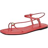 GTBINGGO Red Strappy Flat Sandals for Women Comfortable Open Square Toe Slingback Sandals Dressy Beach Thong Flip Flop Slides Sandals