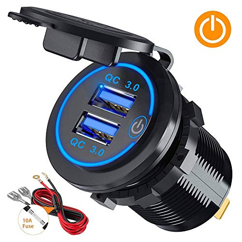 Thlevel Dual QC3.0 USB Charger Socket, Dual 5V/4.2A USB Car Charger Power Outlet with Switch for 12V/24V Car, Boats and Marine, Motorcycle, Truck, SUV, UTV