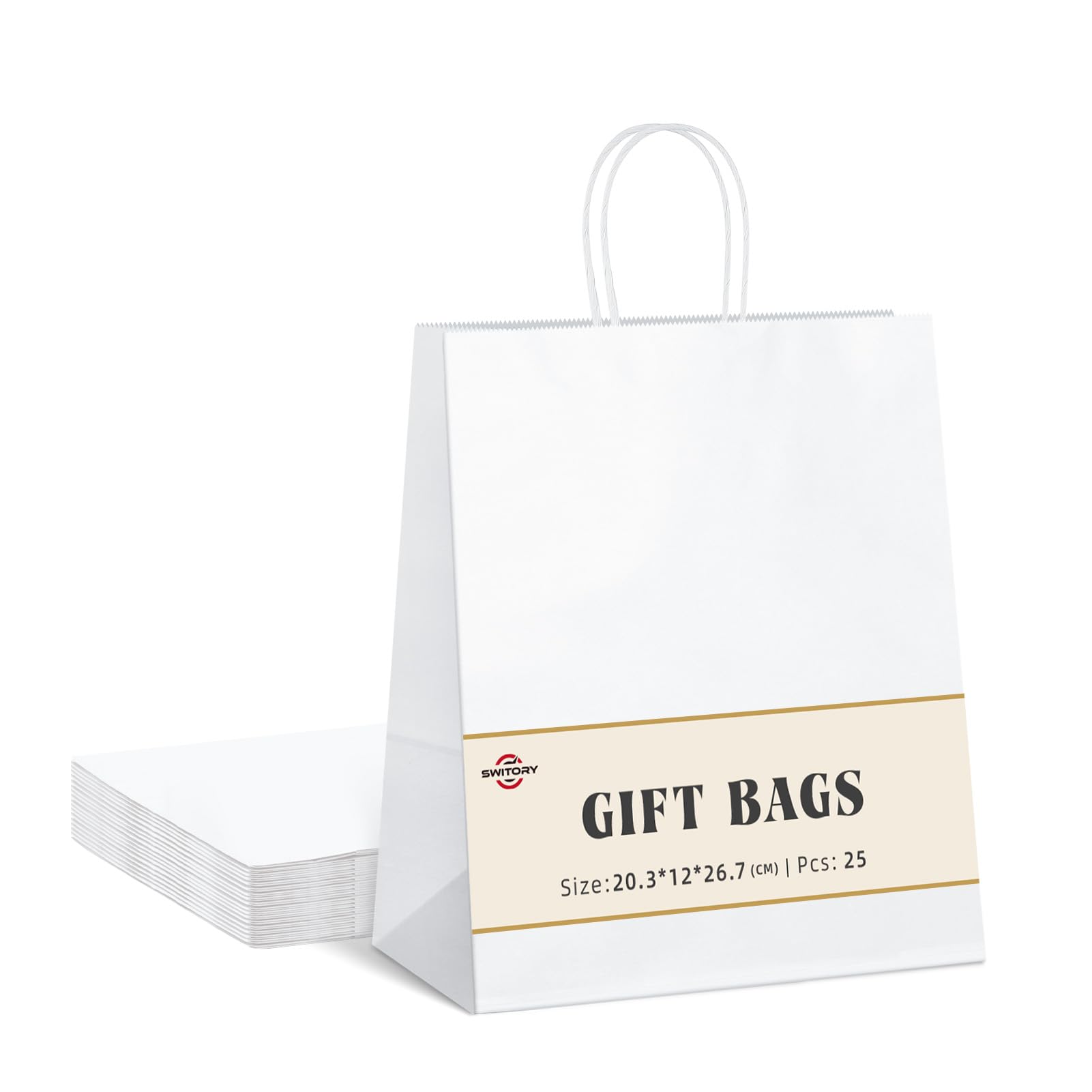 Switory White Party Bags, Kraft Gift Bags 25 Pcs Small Paper Bag with Twisted Handles for Party Favor, Thankgiving, Christmas, Wedding, Birthday, 8x4.75x10.5 Inch