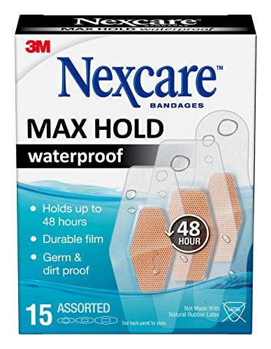 Nexcare Max Hold Waterproof Bandages, Stays On for 48 Hours, Flexible Bandages for Fingers, Knees and Heels - 15 Pack Clear Waterproof Bandages